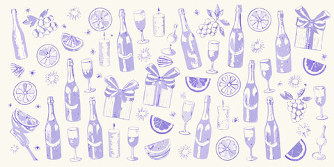 A festive pattern of purple hand drawn illustrations of champagne bottles glasses gifts citrus slices grapes and candles on a cream background