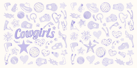 Whimsical cowgirls pattern with boots hats stars hearts and hair dryers in pastel lavender
