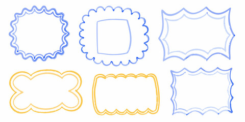 Collection of hand drawn blue and yellow wavy frames and borders on white background