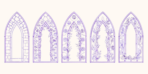 Five gothic arch windows with increasing floral vine decoration in purple outline © Kopil