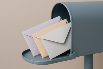 Modern blue mailbox with pastel envelopes, minimalist correspondence, communication and mail delivery concept on neutral background