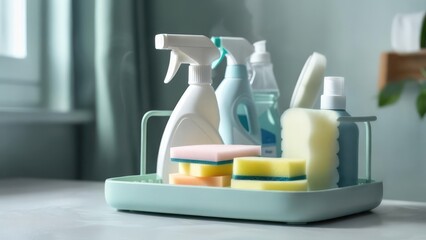 Sparkling clean home essentials, a modern organizer with sponges and spray bottles, ready for any cleaning task, creating a fresh and tidy living space.