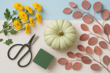Flat lay of white pumpkin, yellow chrysanthemums, red eucalyptus leaves, scissors, and floral foam for autumn floral arrangement