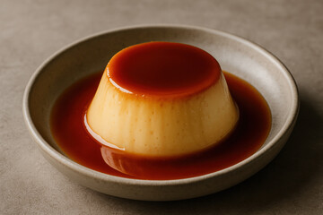 Classic creamy caramel flan dessert on ceramic plate, rich homemade custard pudding with glossy sauce, delicious sweet treat