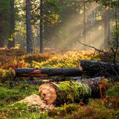 Sunlit forest clearing with fallen logs