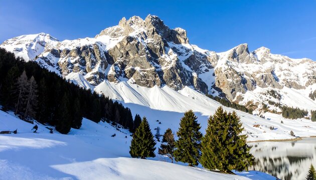 Snowy mountain range with a tranquil lake - Powered by Adobe