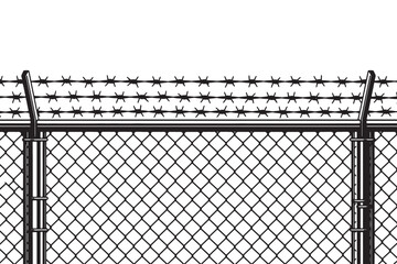 A stark barbed wire fence, isolated on white background, symbolizing security and restriction with its chainlink mesh and sharp, menacing barbs vector illustration