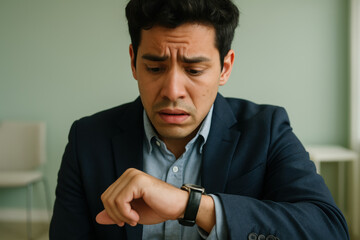 Worried businessman checking time on wristwatch, feeling anxious about deadline, concerned male in office suit indoors