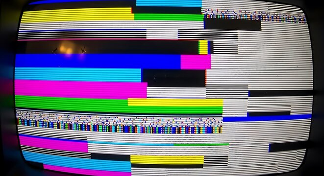Macro, extreme close-up of a digital glitch pattern on an old CRT screen