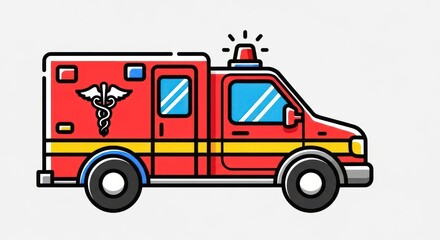 Cartoon ambulance vehicle with medical symbol and emergency lights isolated