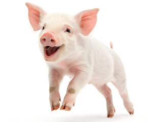 A cheerful piglet leaping with an open mouth on a plain white background in a studio setting