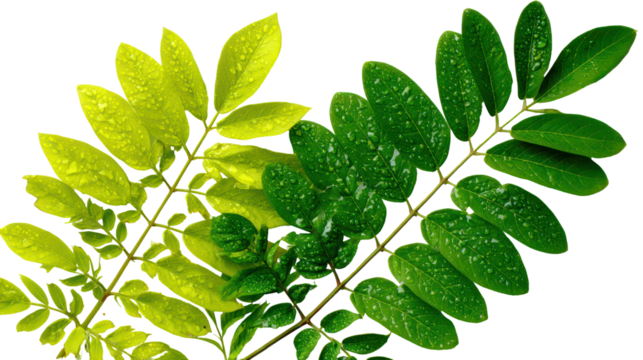 Two branches of green leaves with a gradient of color isolated on transparent background