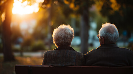 Intimate Close-up of Elderly Couple Sitting Side-by-Side on a Park Bench at Sunset in Golden Hour Light