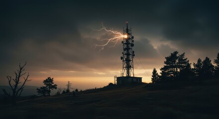 Obraz premium Striking depiction captures the raw power of a thunderstorm, with lightning illuminating a communications tower against a dramatic, moody, and ominous sky during the dusk of the evening.