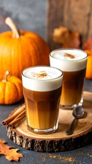 Autumnal pumpkin spice lattes on a wooden slice