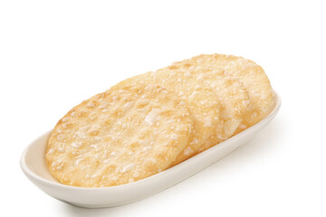 Japanese Rice Crackers Senbei on White Dish - Traditional Crispy Snacks