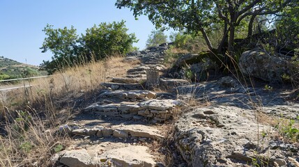 Pale Stone Steps Gently Ascending a Dry Hilltop&mdash;Showcasing Weathered Stone Texture and Sparse Dry Foliage Around, Capturing a Serene, Rustic Outdoor Scene with Soft Natural Light Ideal for Landscape o