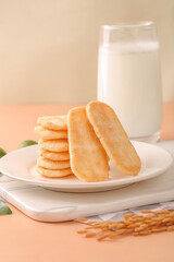 Crispy Rice Cakes with Milk - Healthy Snack Food on Pastel Background