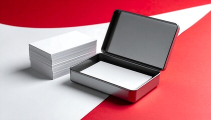 An open, black metal box contains plain white sheets, beside a stack of identical sheets. The backdrop is red & white, modern, artistic