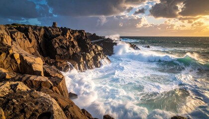 Dramatic Coastal Landscape with Crashing Waves and Golden Sunlight on Rocky Shoreline Under Cloudy Sky Creating Texture and Depth at Golden Hour