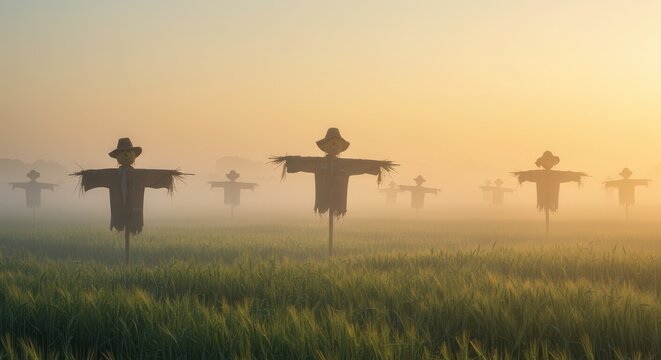 Eerie field features several scarecrows standing amidst tall green crops and a hazy, foggy atmosphere bathed in warm golden sunlight.