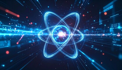 Obraz premium Captivating Atom Illustration with Vibrant Blue Energy,Abstract Depiction of Science and Technology with Glowing Particles and Lines