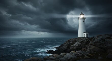 Obraz premium Coastal lighthouse illuminating night ocean under dramatic cloudy sky