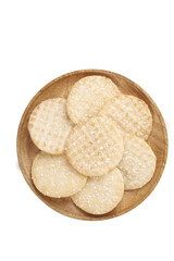 Crispy Rice Cakes with Salt Crystals in Wooden Bowl - Healthy Snack Food on White Background