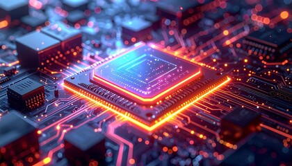 Obraz premium Vibrant Circuit Board Rendering with Central Processor Unit and Glowing Traces, Futuristic Electronic Motherboard Design with Neon Illumination and Intricate Details