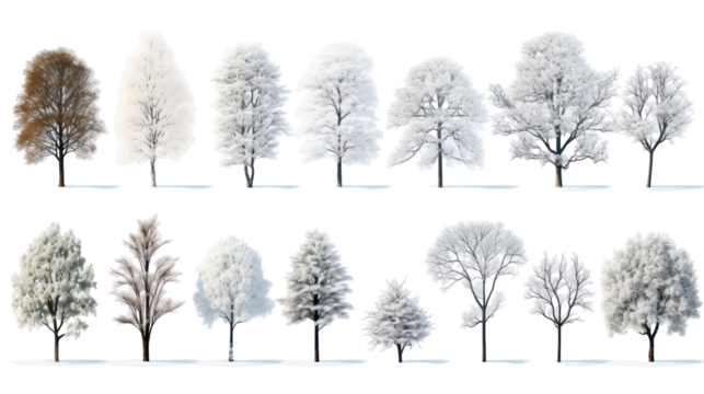 Collection of miniature trees and plants isolated on transparent background