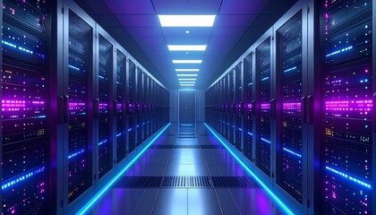 Data Center Interior with Rows of Servers Illuminated by Neon Lights, Futuristic Server Room with Colorful Lights and Modern Design