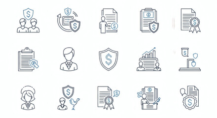 Fototapeta premium Comprehensive Collection of Business, Finance, Legal, and Insurance Protection Line Icons for Agreements, Investment, and Growth Management Solutions