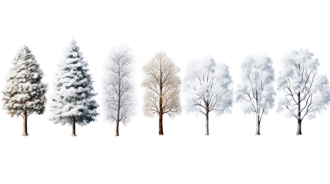 Collection of snow covered trees isolated on transparent background
