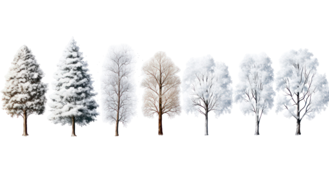 Collection of snow covered trees isolated on transparent background