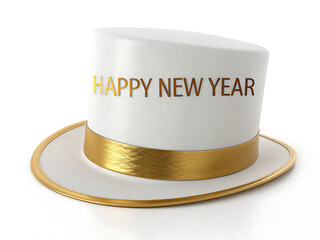 A white top hat with a gold band and happy new year text on a white background in studio lighting