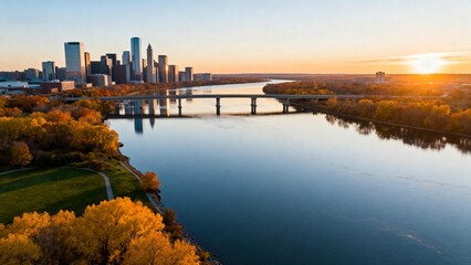 Fototapeta premium City skyline at sunset with river and bridge