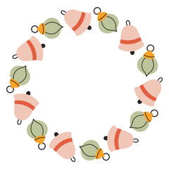 A festive round frame with green blue and pink Christmas tree decoration toys. The simple vector design perfect for Christmas and New Year decorations or holiday greetings.