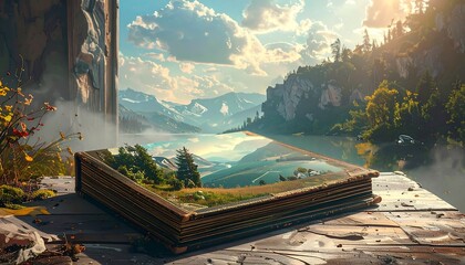 An open book reveals a picturesque landscape, set on a wooden surface beside a waterfall. Mountains and a lake are in the distance
