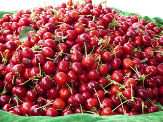 Fresh Red Cherries with Stems in Green Container - Summer Fruit Harvest