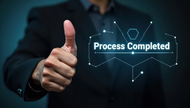 Businessman gives thumbs up with digital process completion graphic image - Powered by Adobe