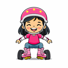 Happy cartoon girl roller skating in pink helmet, cheerful child enjoying active fun with inline skates, isolated vector illustration