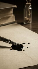 Naklejka premium Ink spills from a fountain pen onto a parchment paper, creating a dark puddle and droplets near the pen.