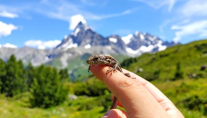 Lizard on finger, mountain backdrop