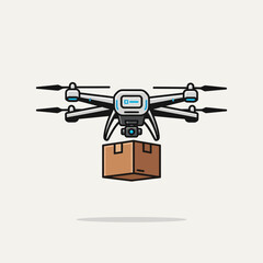 Flying quadcopter drone with mailbox flat vector illustration isolated on white background. Symbol or logo sign of modern delivery and logistics using drones.