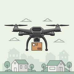 Flying quadcopter drone with mailbox flat vector illustration isolated on white background. Symbol or logo sign of modern delivery and logistics using drones.