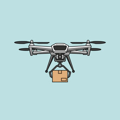 Flying quadcopter drone with mailbox flat vector illustration isolated on white background. Symbol or logo sign of modern delivery and logistics using drones.