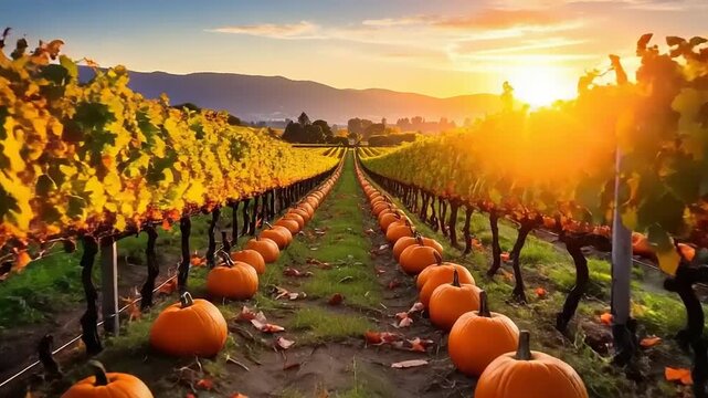 Pumpkin patch at sunset with golden light and rows of pumpkins