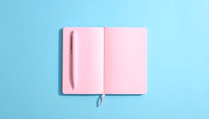 An open, empty, pink notebook with a pen, placed on a light blue, smooth surface with a soft shadow. Minimalistic, clean, and aesthetically pleasing