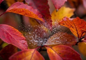 Autumn leaves with spiderweb and dew drops