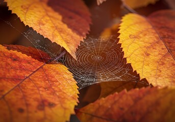 Autumn leaves with spiderweb detail